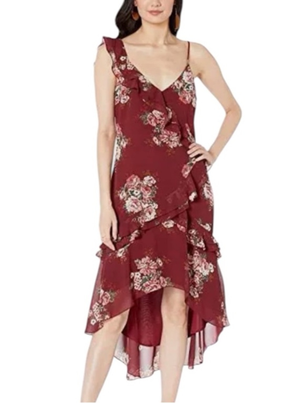 WAYF Womens Floral
Ruffled High Low Midi Dress
Burgundy Wine Rose size L
